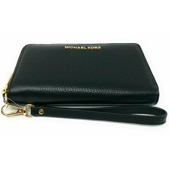 S Michael Kors Jet Set Travel Phone Case Wallet Wristlet Black Leather / Gold FS - Picture 4 of 8